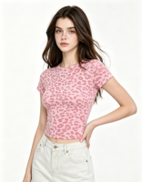 Nouvel Arrivage T-shirt Court Femme 210GSM en Tissu Doux Extensible Imprimé Léopard Rose Col Rond Manches Courtes Coupe Slim Baby Tee Prise en Charge de l'Image Personnalisée