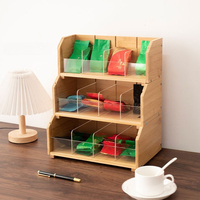 Boîte de rangement pour sachets de thé en bambou carrée à 3 niveaux, pliable, écologique, style américain, organisateur en bois pour sachets de café, de sucre, cuisine
