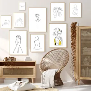 Gambar Garis Wanita Abstrak Poster Nordik & Cetakan Lukisan Kanvas Modern Seni Dinding Kuning Gadis Gambar Dinding Kamar Tidur Dekorasi Rumah