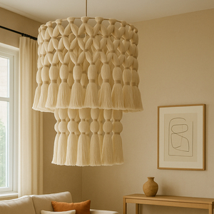 Installation suspendue en macramé bohème avec pompons pour les espaces commerciaux et la décoration de fête - Product Image 5