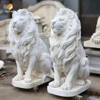 MILY Weiße Marmor Sitzende Löwen-Statuen Skulptur in Lebensgröße Handgeschnitzt für Außenbereich Haustür