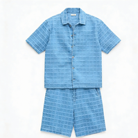 Ensemble deux pièces homme personnalisé : short et chemise en coton tissé respirant, manches courtes, style vieilli, motif à carreaux, idéal pour l'été