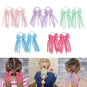 Multicoloured Custom Elastic Grosgrain Curly Ribbon Korker Hair Cheer Bows Ponytail Holders For Girls Toddlers Kids Children