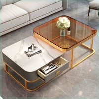 Nouvelle Table Basse Carrée Centrale Design avec Rangement en Bois et Tiroirs Gigognes en Verre Doré