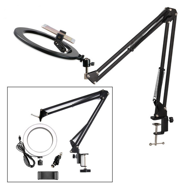 Dimmable 26cm Ring Light 3200-5500K Warm Cold Lamp With Long Arm Video Live Photography Selfie Light