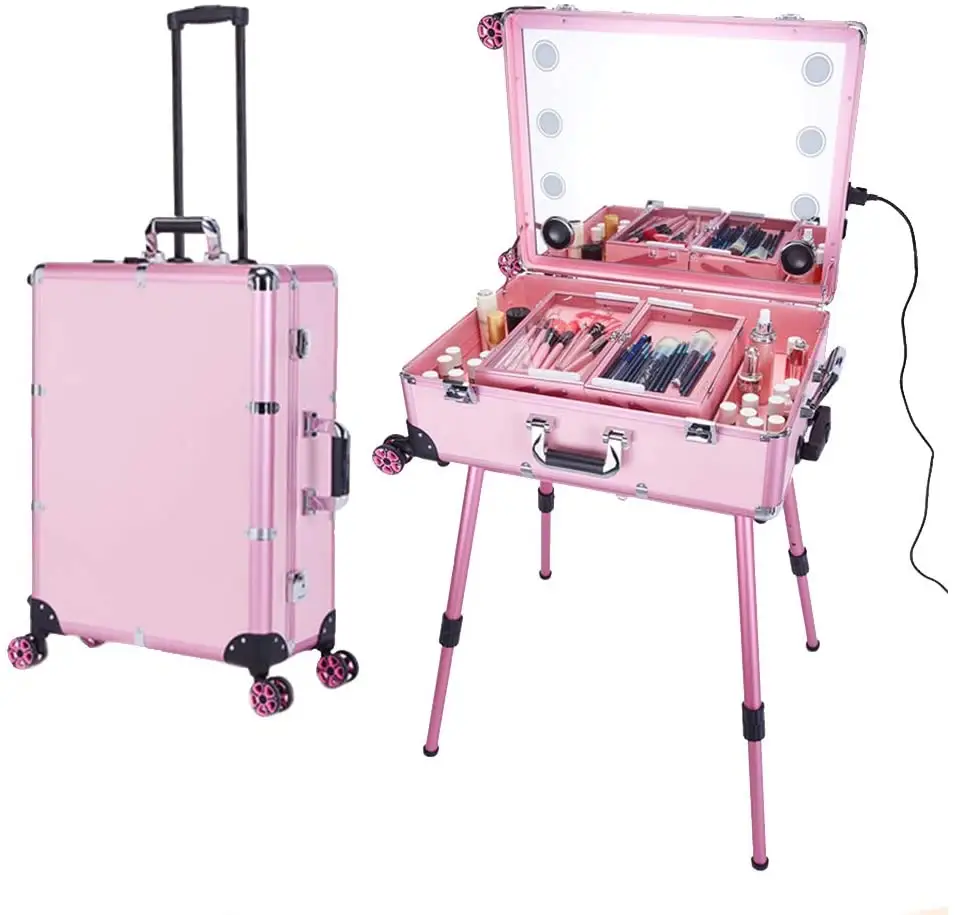 Tragbare LED Make-Up Box Kosmetische Fall Zug Musik Funktion Reise Schönheit Veranstalter Künstler Barber mit Licht und Spiegel