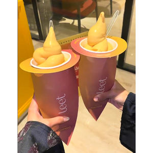 Custom Design New Unique Sorbetto Semifreddo Gelato Ice Cream <b>Paper</b> Cup with Special Conical Elongated Drip Guard Sleeve Wrap - Product Image 2