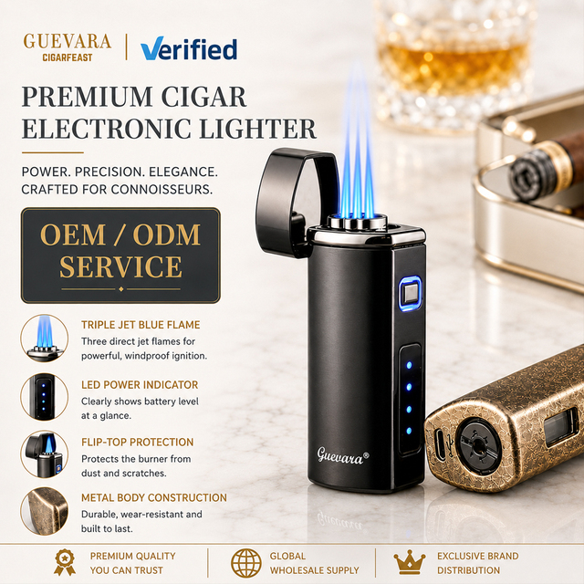 GUEVARA Triple Jet Torch Cigar Lighter Windproof Blue Flame LED Fuel Indicator Visible Gas Window Metal Smoking Lighter Custom