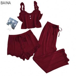 Women's Summer Slim Three-Piece Pajama Set New <b>Lace</b> Camisole Long Shorts - Product Image 5
