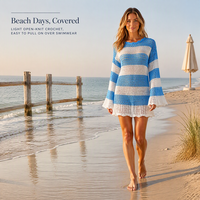 Robe midi en maille ouverte rayée pour femme, personnalisée OEM, à manches longues, ajourée au crochet, coupe ample, ourlet à volants, idéale comme cache-maillot de plage