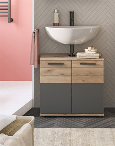 Mobile Bagno con Lavabo Singolo 60x56x34cm, Grigio Basalto con Maniglie Nere, in Truciolato X12B8705 Tedesco - Product Image 1