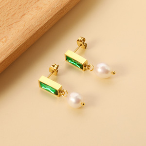 ต่างหูแบบห้อย คริสตัลสีเขียว มุกประดับ ชุบทอง สแตนเลส สวมใส่ได้ทุกวัน ดีไซน์ทรงเรขาคณิต - Product Image 3