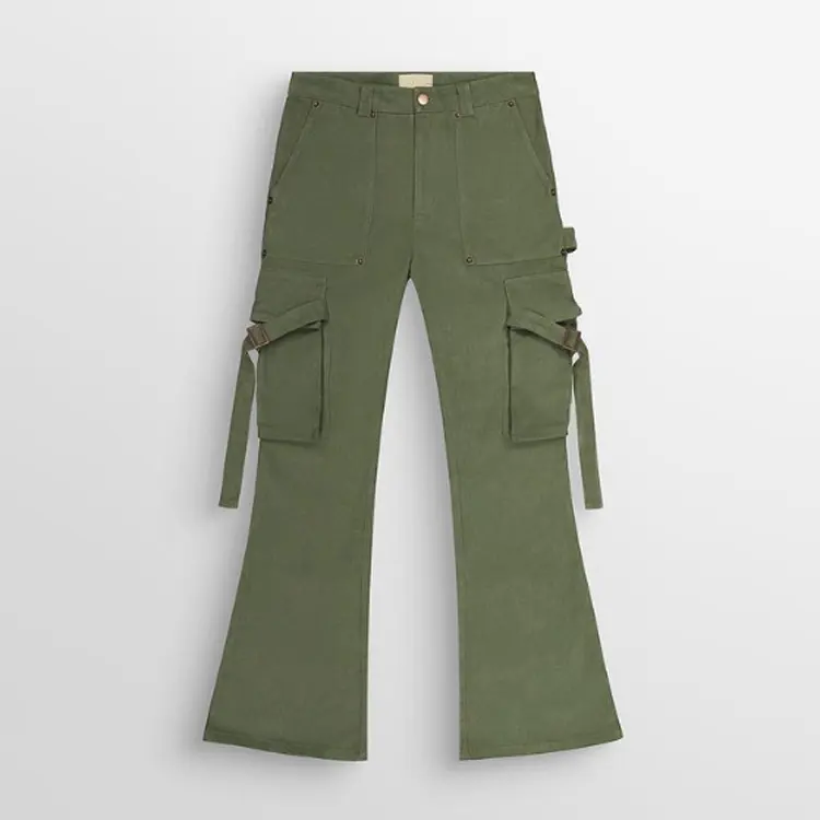 On trends adjustable hem pants men green strong canvas pants cargo pockets flare hem jeans with wrap strap
