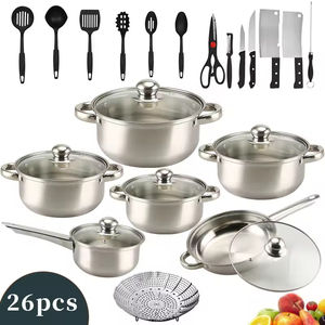 Ensemble de casseroles modernes en acier inoxydable avec poignées plaquées or, antiadhésives, 26 pièces, exportables à l'étranger, avec finition colorée - Product Image 3