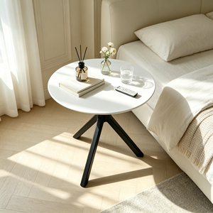 Table basse ronde moderne, plateau blanc lisse, pieds en métal noir, table de salon, table de centre pour canapé, meubles pour la maison et l'hôtel - Product Image 1