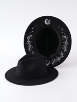 Chapeau Fedora à large bord, peint à la main, motif Lune et Rose, style gothique - Chapeau de fête et de festival en feutre de laine, style médiéval mystérieux, pour femmes et hommes