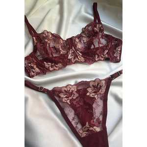 Ensemble de lingerie sexy en satin bordeaux, babydoll, détails floraux, taille XL, chaînes florales, dentelle, matière spandex, livraison directe - Product Image 3