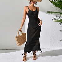 Robe de plage longue à bretelles ajourée sexy, style européen et américain, avec franges, sans manches, tricotée, respirante, 100% [matière]