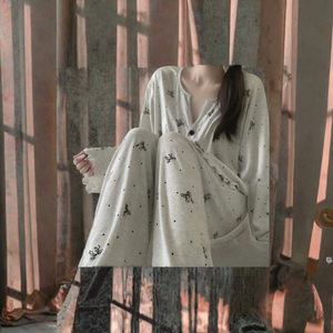 Conjunto de pijama acanalado para mujer, de manga larga, ropa de descanso con botones frontales, estampado de lunares y lazo, ropa de casa de longitud completa - Product Image 3