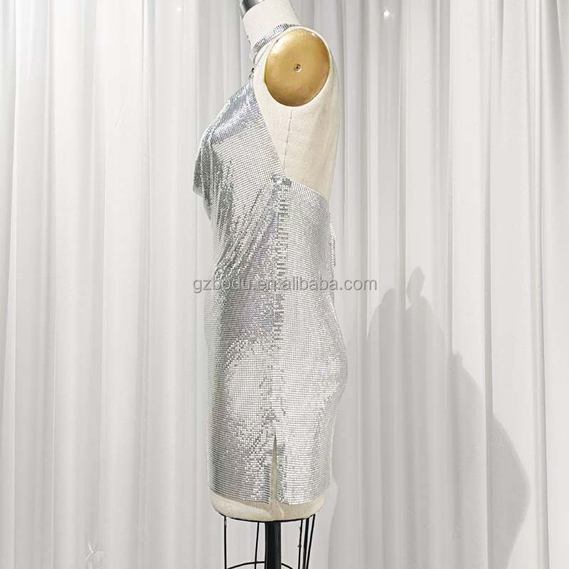 Women Metal Mesh Night Club Dress Aluminum Sequin Metallic Shiny Silver  Chain Mail Dress for Party