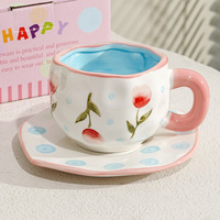 Ensemble tasse et soucoupe en céramique peinte à la main style Ins, tasse à thé en poterie artisanale, mug de thé de l'après-midi au design élégant pour femmes