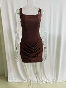 Vestido Mini Marrón Chic Fruncido para Mujer 2026, Cuello Cuadrado, Sin Mangas, Ajustado, con Dobladillo Plisado, Estilo Túnica, para Verano, Fiesta Urbana, Color Liso, Vestidos de Señora - Product Image 6