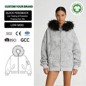 Maßgefertigte Hoodies Hersteller Fleece Diamant-Leoparden-Druck Nieten-Besetzt Kunstfell Reißverschluss Strass-Hoodies für Männer - Product Image 1