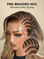 Perruque Lace Front 13x6 Pré-tressée Brunette avec Mèches Blondes, Ondulations Souples, Raie Latérale et Baby Hair, Facile à Poser et Prête à Porter