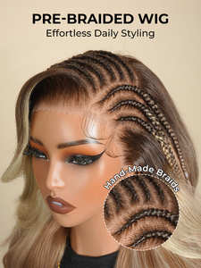 Perruque Lace Front 13x6 Pré-tressée Brunette avec Mèches Blondes, Ondulations Souples, Raie Latérale et Baby Hair, Facile à Poser et Prête à Porter - Product Image 3