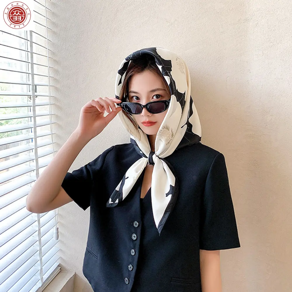 Zongyu new twill large scarf vintage black and white decorative headscarf ladies silk scarf custom wholesale