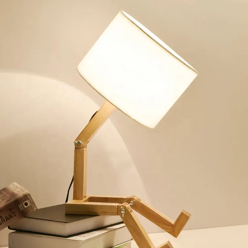 Lampu meja kayu bentuk Robot, dudukan lampu E27 110-240v seni kain Modern lampu meja kayu ruang belajar dalam ruangan