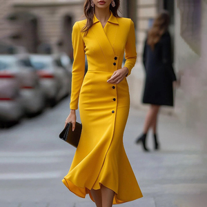 Abiti attillati Midi Casual da donna tinta unita abbottonata alto-basso con Design a risvolto - Product Image 1