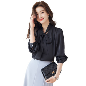 Women's White Long Sleeve Blouse With Ribbon Bow Solid Color Work Shirt For Office Commute - Product Image 5
