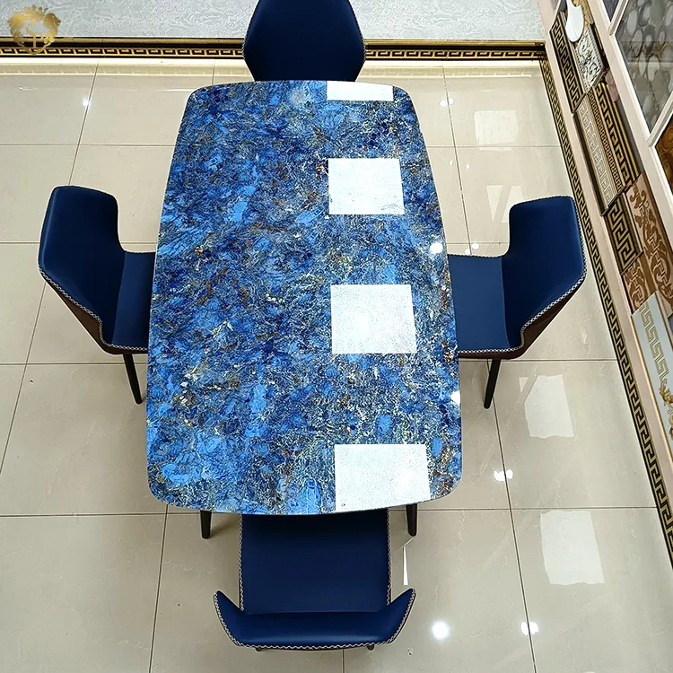 Modern hotel dining room table set 6 seater luxury home furniture gold italian blue marble kitchen small dining table and chairs