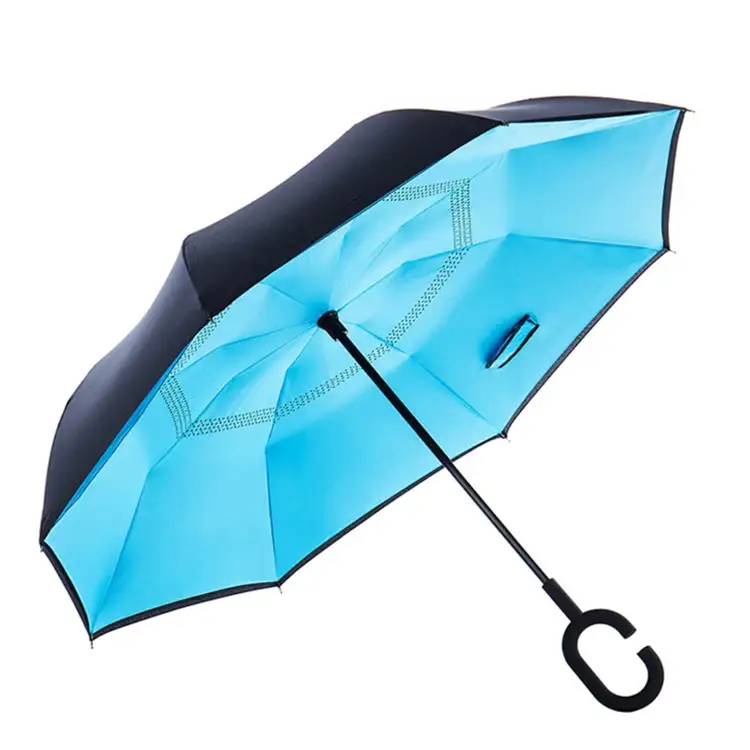 New product 2019 innovative 3 fold easy hold digital printing blue sky reversible reverse folding umbrella