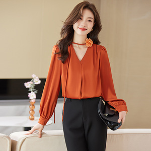 Orange V Neck Satin Blouse Women Long Sleeve Wrap <b>Tie</b> Office Shirt Solid Color Anti Wrinkle Fashion Top - Product Image 1