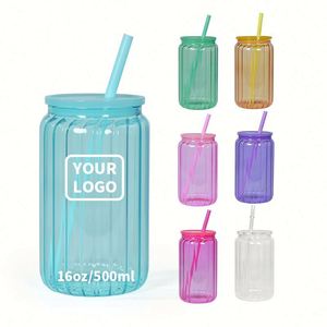 Verres à boire personnalisés avec logo, design rayé, mugs à bière Libby Jelly, sublimation, verre coloré 16oz, couvercle et paille en plastique - Product Image 1
