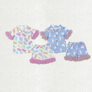 Ensemble pyjama de printemps pour fille, motif lapin, col à revers, manches courtes, haut boutonné + short, vêtements de nuit de Pâques - Product Image 1