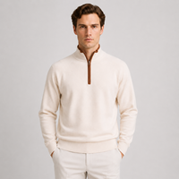 Pull en laine mérinos et cachemire pour homme, col montant, fermeture éclair quart de tour, manches raglan, finition en cuir, tricoté, OEM