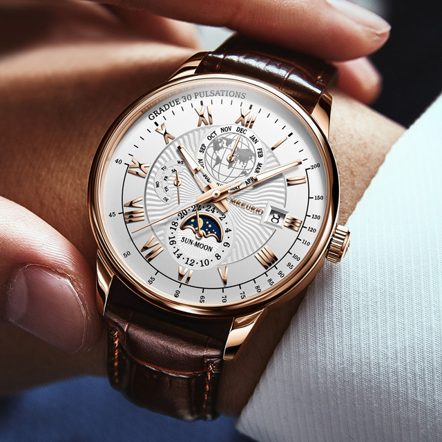 Hot Selling Men's Watch with Three-Eye Calendar Starry Moon Design Fashionable Leather Band Quartz Movement Wholesale