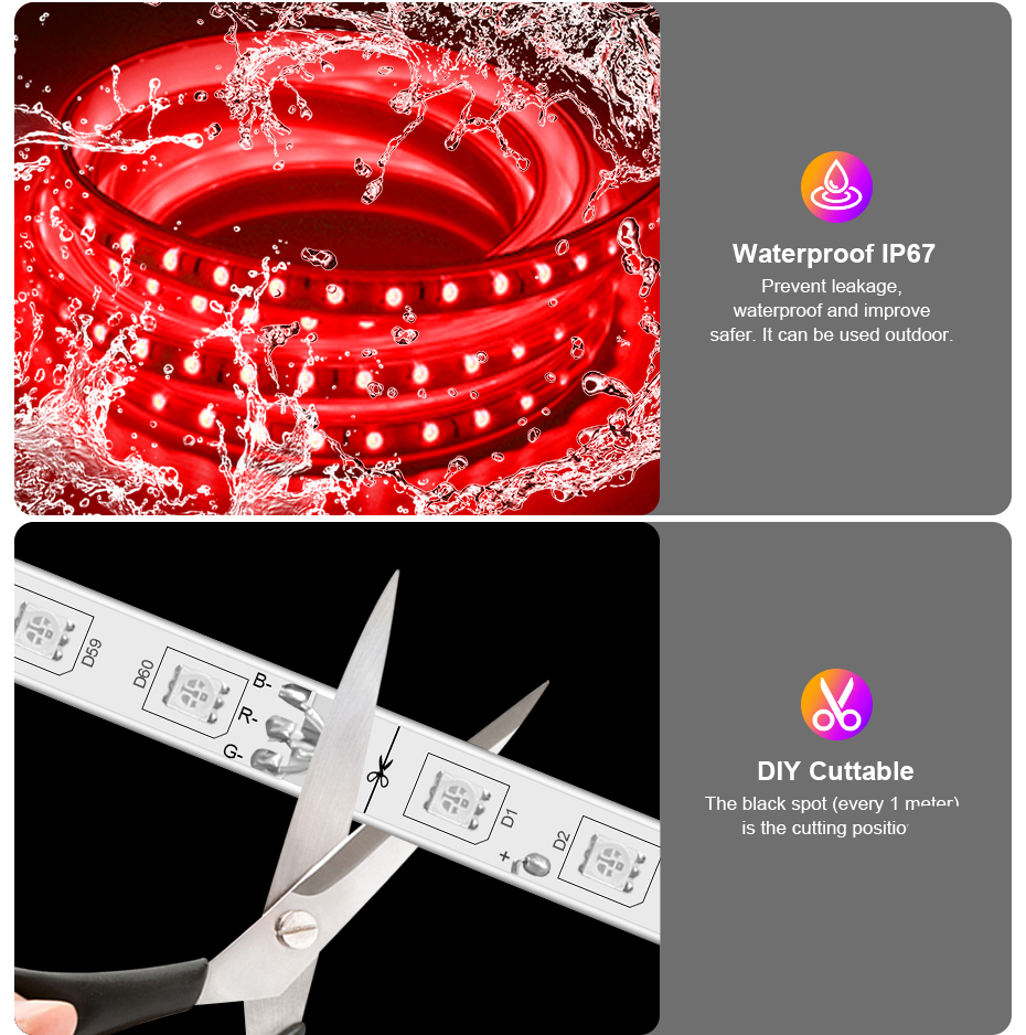 220V RGB LED Strip Light 5050 – Waterproof Flexible LED Tape with Remote Control (60 LEDs/m) - View 3