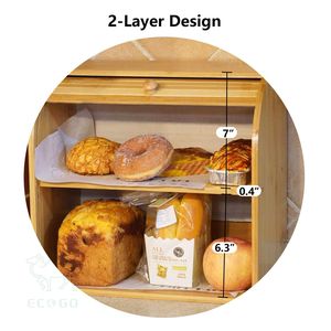 Boîte à pain en bambou Bac de rangement à pain à 2 couches avec couvercle à rouleau pour comptoir de cuisine - Product Image 4