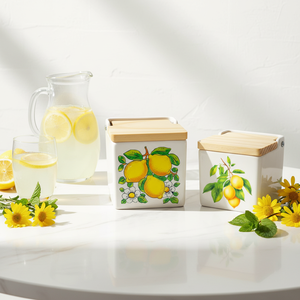 Azucarero de Porcelana con Tapa de Bambú, Caja de Almacenamiento Ecológica y Duradera para Cocina, Diseño Limón, Naranja y Oliva - Product Image 1