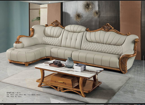 Luxury Genuine Leather Solid Wood Corner <b>Sofa</b> <b>Set</b> Living Room European Style Sectional L-Shape Combination Wooden Carving - Product Image 2