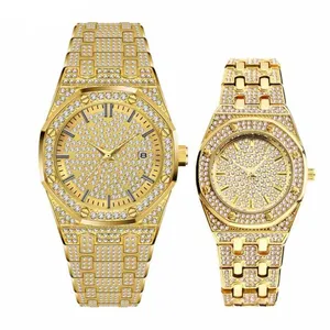 Blues Top Luxe Brand Fashion 18K Gold Volledige Diamond Versierd Vrouwen Mannen Quartz Waterdicht Iced Out Paar Pols horloge Set