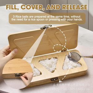 Molde para bolas de arroz de bambú con tapa, 3 orificios, moldeador de sushi de madera duradero para hacer bento DIY - Product Image 4