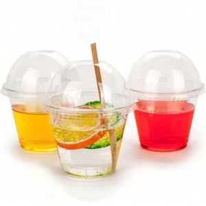 Vasos de plástico PET transparentes desechables de 92 mm de diámetro y 9 oz/420 ml con tapa de fondo plano y funda para pajita para té con leche y vodka - Product Image 1