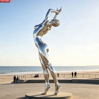 Sculpture de ballerine grandeur nature YOUFINE en acier inoxydable poli miroir, statue métallique de femme dansante pour art de plage et place publique