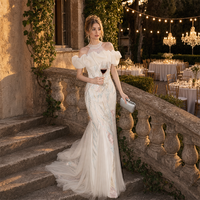 Robe de cocktail sirène ivoire à col montant, en tulle perlé, manches bouffantes, broderie vigne, sequins, longueur ras du sol avec traîne, sur mesure, vente en gros