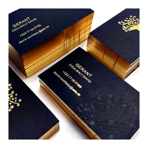 Hoge Kwaliteit Custom Zwart Papier Visitekaartje Glanzend Gouden Rand Hot Stamping Rand Print Debossed Logo Getextureerde Papieren Naamkaart